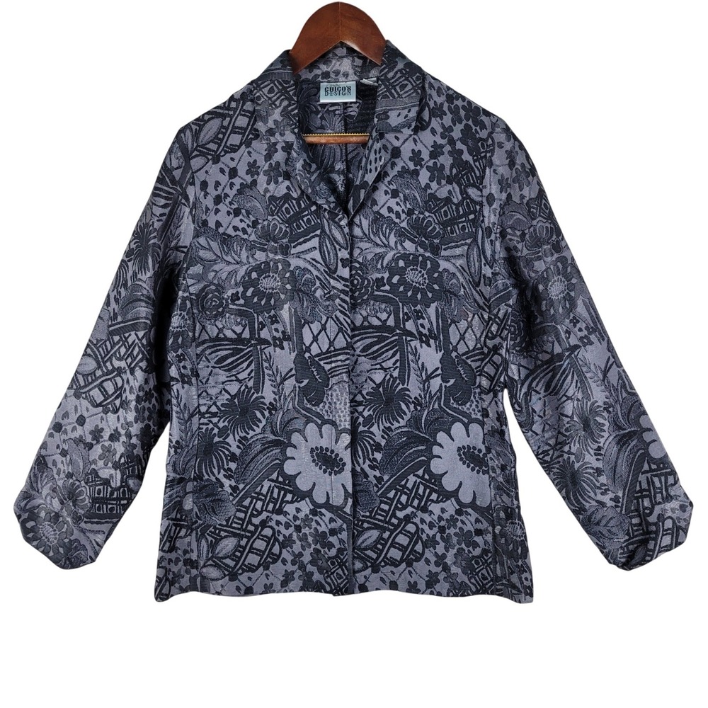 Chico's Design Blazer Womens Sz 1 Grey Black Silk Blend Floral Jacquard Metallic